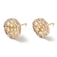 Golden Brass Micro Pave Cubic Zirconia Stud Earring Findings, Earring Settings for Half Drilled Beads, Flat Round, Tray: 5.5mm, 12.5mm, Pin: 11x0.7mm and 1mm(KK-P253-05A-G)