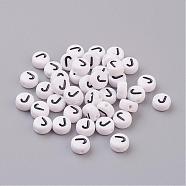 Flat Round with Letter J Acrylic Beads, with Horizontal Hole, White & Black, Size: about 7mm in diameter, 4mm thick, hole: 1mm(X-PL37C9070-J)