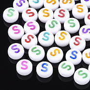 Initial Acrylic Beads, Horizontal Hole, Flat Round, Mixed Color, Letter.S, 7x3.5~4mm, Hole: 1.2mm, about 3700pcs/500g(OACR-E001-20S)