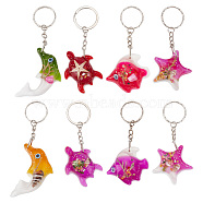 8Pcs 4 Styles Sequins Resin Ocean Aniaml Shell Pendant Keychain, with Alloy Findings, Fish/Tortoise/Starfish/Dolphin, Mixed Color, 9.5~12.5cm, 2pcs/style(KEYC-GO0001-03)