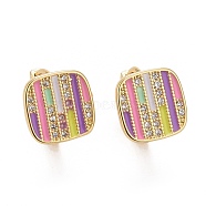 Colorful Enamel Stripe Rectangle Hoop Earrings with Cubic Zirconia, Rack Plating Brass Jewelry for Women, Cadmium Free & Lead Free & Nickle Free, Real 18K Gold Plated, 9.5x10mm, Pin: 0.8mm(EJEW-I265-06G)