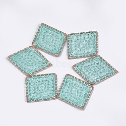 Polyester Woven Pendant Decorations, with Iron Findings, Rhombus with Flower, Light Gold, Aquamarine, 45x37.5x2mm(X-WOVE-T008-05F)