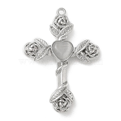 Alloy with Glass Pendants, Cross with Rose Charms, Platinum, Silver, 35x25x5mm, Hole: 1.4mm(PALLOY-P294-03P-04)