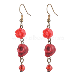 Halloween Synthetic Howlite Skull Dangle Earrings, with Resin Rose Flower, Glass Bicone Beads and Antique Bronze Plated Brass Earring Hooks, Red, 55mm, Pin: 0.6mm(EJEW-JE04053-04)