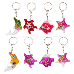 8Pcs 4 Styles Sequins Resin Ocean Aniaml Shell Pendant Keychain, with Alloy Findings, Fish/Tortoise/Starfish/Dolphin, Mixed Color, 9.5~12.5cm, 2pcs/style(KEYC-GO0001-03)