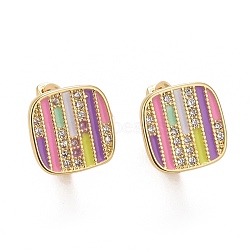 Colorful Enamel Stripe Rectangle Hoop Earrings with Cubic Zirconia, Rack Plating Brass Jewelry for Women, Cadmium Free & Lead Free & Nickle Free, Real 18K Gold Plated, 9.5x10mm, Pin: 0.8mm(EJEW-I265-06G)