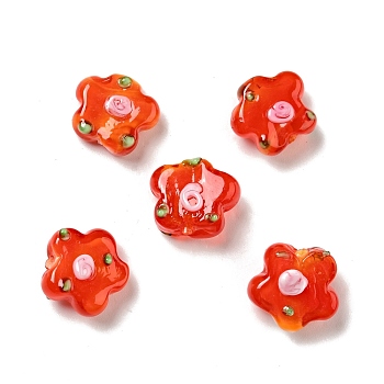 Handmade Lampwork Beads, Flower, Orange Red, 14.5~15x15~15.5x6.5~8mm, Hole: 1~1.2mm