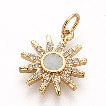 Brass Micro Pave Cubic Zirconia Pendants, with Opal, Lead Free & Cadmium Free & Nickel Free, Star, Clear, Golden, 16x13.5x2mm, Hole: 3.5mm