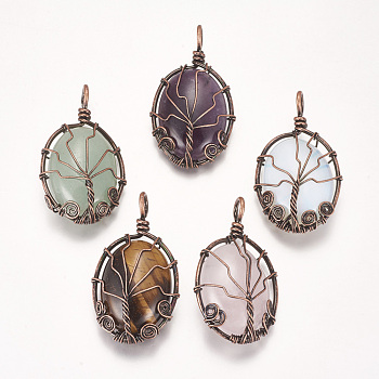 Natural & Synthetic Mixed Stone Pendants, with Brass Findings, Oval with Tree, Red Copper, 39~39.5x22~23x9~10mm, Hole: 4mm
