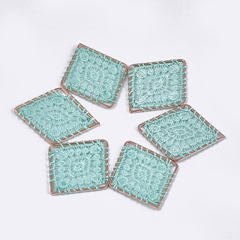 Polyester Woven Pendant Decorations, with Iron Findings, Rhombus with Flower, Light Gold, Aquamarine, 45x37.5x2mm
