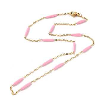 Enamel Bar Link Chain Necklace, with Ion Plating(IP) 304 Stainless Steel Curb Chains for Women, Golden, Pink, 17.72 inch(45cm)