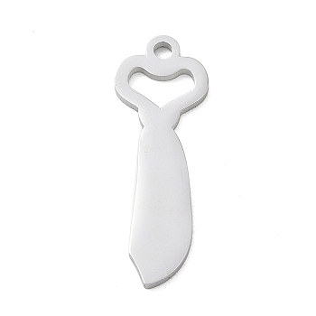 304 Stainless Steel Pendants, Necktie with Heart Charms, Polishing, Stainless Steel Color, 28.5x10x1.5mm, Hole: 1.8mm