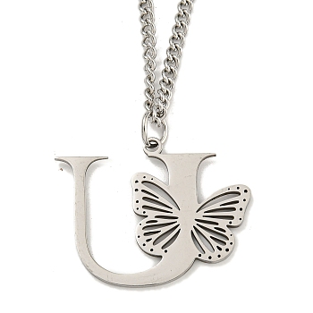201 Stainless Steel Necklaces, Letter U, 23.74 inch(60.3cm) p: 27x34x1.3mm