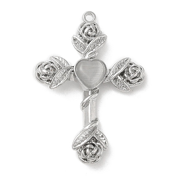 Alloy with Glass Pendants, Cross with Rose Charms, Platinum, Silver, 35x25x5mm, Hole: 1.4mm