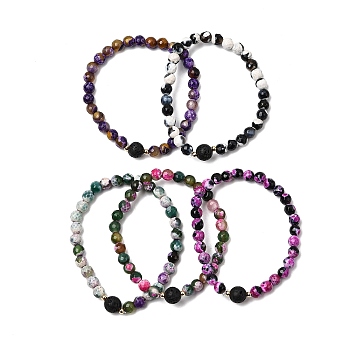 Natural Fire Crackle Agate & Lava Rock Stretch Bracelet, Essential Oil Gemstone Jewelry for Women, Mixed Color, Inner Diameter: 2-1/4 inch(5.6cm)