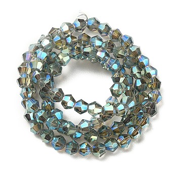 Transparent Electroplate Glass Bead Strands, Rainbow Plated, Faceted Bicone, Medium Sea Green, 4x4.5mm, Hole: 1mm, about 92~96pcs/strand, 13.78~14.37 inch