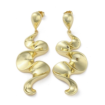 Rack Plating Twist Wave Brass Dangle Stud Earrings, Lead Free & Cadmium Free, Real 18K Gold Plated, 69x25mm