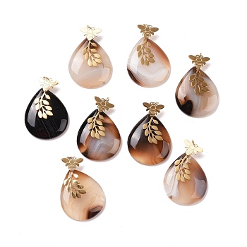 Ntuarl Agate Pendants, with Ion Plating(IP) 304 Stainless Steel Findings, Teardrop with Bees & Leaf, Real 18K Gold Plated, 36x25x6mm, Hole: 3mm