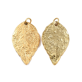 Ion Plating(IP) 304 Stainless Steel Pendants, with Jump Ring, Leaf Charm, Real 18K Gold Plated, 25x15x2mm, Hole: 2mm