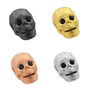 Brass Micro Pave Cubic Zirconia Beads, Skull, Mixed Color, 9x9.5x7.5mm, Hole: 2mm, 4pcs/bag