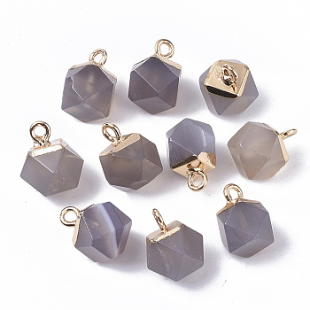 Natural Grey Agate Charms, with Top Golden Plated Iron Loops, Star Cut Round Beads, 12x10x10mm, Hole: 1.8mm