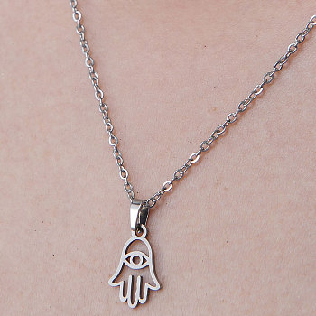 201 Stainless Steel Hamsa Hand with Evil Eye Pendant Necklace, Stainless Steel Color, 17.72 inch(45cm)