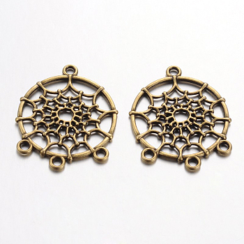 Tibetan Style Alloy Chandelier Components Links, Lead Free & Cadmium Free & Nickel Free, Flat Round with Web, Antique Bronze, 34x28x2mm, Hole: 3mm