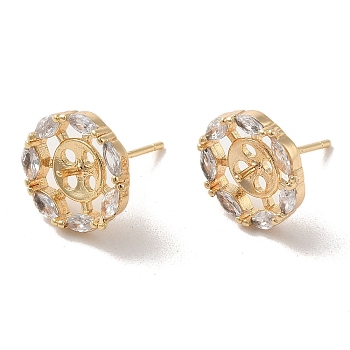 Golden Brass Micro Pave Cubic Zirconia Stud Earring Findings, Earring Settings for Half Drilled Beads, Flat Round, Tray: 5.5mm, 12.5mm, Pin: 11x0.7mm and 1mm