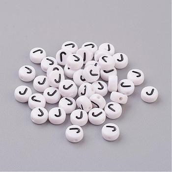 Flat Round with Letter J Acrylic Beads, with Horizontal Hole, White & Black, Size: about 7mm in diameter, 4mm thick, hole: 1mm