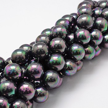 Shell Pearl Bead Strands, Rainbow Plated, Grade A, Round, Black, 16mm, Hole: 1mm, about 26pcs/strand, 16 inch