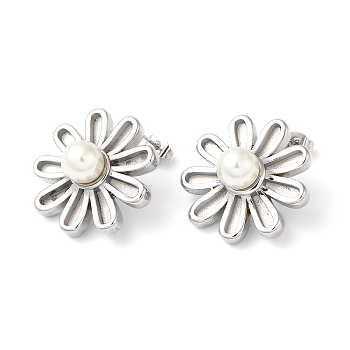 Plastic Pearl Beaded Flower Stud Earrings, 304 Stainless Steel Jewelry, Stainless Steel Color, 25x25mm