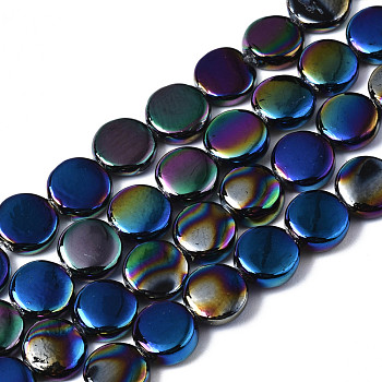Electroplate Natural Freshwater Shell Beads Strands, Flat Round, Blue, 6x2mm, Hole: 0.5mm, about 64~65pcs/strand, 14.96~15.75 inch(38~40cm)