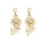 Brass Micro Pave Clear Cubic Zirconia Pendants, Sunflower Charms, Real 18K Gold Plated, 18.5x8.5x3.5mm, Hole: 6x3mm(KK-Q073-02G)