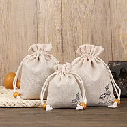 Linenette Drawstring Bags, Rectangle with Lotus Flower Pattern and Beads, Snow, 10x8cm(CON-PW0001-085A-03)