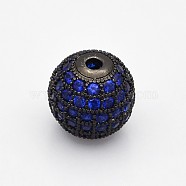 CZ Brass Micro Pave Grade AAA Blue Color Cubic Zirconia Round Beads, Cadmium Free & Nickel Free & Lead Free, Gunmetal, 12mm, Hole: 2mm(KK-O065-12mm-03B-NR)