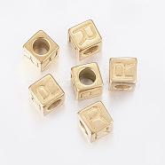 304 Stainless Steel Large Hole Letter European Beads, Horizontal Hole, Cube with Letter.R, Golden, 8x8x8mm, Hole: 5mm(STAS-H428-01G-R)
