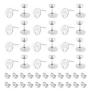 60Pcs 201 Stainless Steel Textured Flat Round Stud Earring Findings, with 304 Stainless Steel Pins & 100Pcs Ear Nuts, Stainless Steel Color, 10mm, Hole: 1.2mm, Pin: 0.7mm(STAS-UN0052-81)