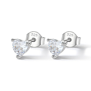 Rhodium Plated Sterling Silver Heart Stud Earrings, with Cubic Zirconia, with 925 Stamp, Clear, 6mm(FR3170)