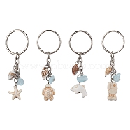 Synthetic Turquoise & Shell Pendant Keychain, with Iron Split Key Rings, Starfish/Sea Turtle/Fish/Dolphin, 7~7.6cm(KEYC-JKC00654)
