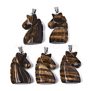 Carved Natural Tiger Eye Pendants, with Stainless Steel Bails, Unicorn, Stainless Steel Color, 38~41x11~14x24~25mm, Hole: 9x4mm(G-N0327-002A)