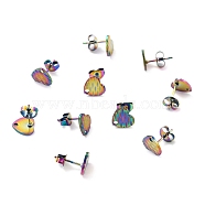 Ion Plating(IP) 304 Stainless Steel Stud Earring Findings, with Ear Nuts, Textured Heart, Rainbow Color, 12x9mm, Hole: 1.4mm, Pin: 0.7mm(STAS-I183-04A-M)