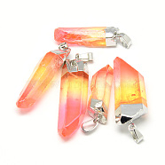 Natural Quartz Crystal Pointed Pendants, with Iron Findings, Plated Platinum, Nuggets, Dyed, Orange Red, 30~45x9~14x6~10mm, Hole: 6x3.5mm(G-S265-05C)