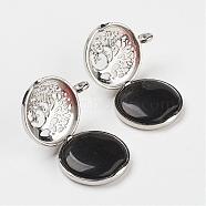 Natural Obsidian Pendants, with Brass Diffuser Locket Findings, Flat Round with Tree, 31x25x8mm, Hole: 4mm(G-G910-B12)