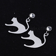 201 Stainless Steel Kitten Dangle Stud Earrings, with Clear Cubic Zirconia, Cat Silhouette, Stainless Steel Color, 24mm, Pin: 0.8mm(EJEW-T008-JN745)