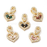 Rack Plating Brass Micro Pave Cubic Zirconia Charms, Long-Lasting Plated, Cadmium Free & Lead Free, Real 18K Gold Plated, Heart, Mixed Color, 14x15x3.5mm, Hole: 5.5x3mm(ZIRC-C002-06G)