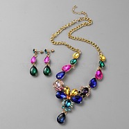 Colorful Rhinestone Teardrop Jewelry Set for Women, Alloy Bib Necklaces & Dangle Stud Earrings, Golden, necklaces: 543mm; earring: 51x13mm(SJEW-F222-05G)