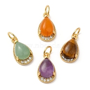 Natural Mixed Stone Teardrop Charms, with Rack Plating Brass Micro Pave Clear Cubic Zirconia Findings and Jump Ring, Cadmium Free & Lead Free, Real 18K Gold Plated, 13.5x8x5.5mm, Hole: 3.5mm(G-A034-01G)