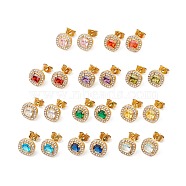 Cubic Zirconia & Rhinestone Square Stud Earrings, Ion Plating(IP) 304 Stainless Steel Jewelry for Women, Golden, Mixed Color, 10x10mm, Pin: 0.6mm(EJEW-A080-06M-G)
