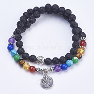 Chakra Jewelry, Natural Lava Rock Wrap Bracelets, with Mixed Stone and Alloy Findings, Flat Round with Tree, Antique Silver, 14-1/8 inch(36cm), Pendant: 15x12x1.5mm(BJEW-K202-A01)