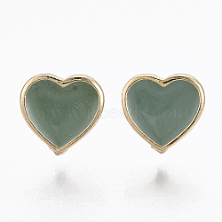 Alloy Enamel Stud Earring Findings, with Loop and Cupronickel Pin, Heart, Golden, Dark Sea Green, 9x9mm, Hole: 3mm, Pin: 0.7mm(X-PALLOY-N154-20B)